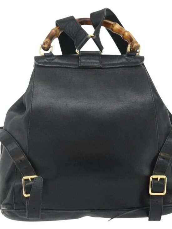 GUCCI Bamboo Backpack Leather Black Gold Auth main image 12